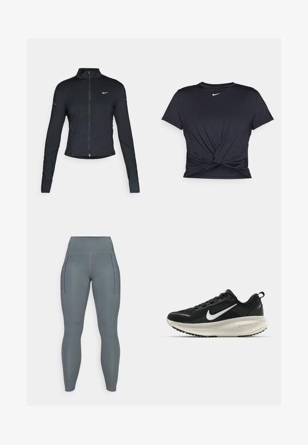 Black long-sleeve athletic jacket with front zipper and white Nike swoosh logo on left chest, designed for a slim fit.; Black athletic t-shirt made of smooth fabric, featuring a knotted front design and a small white Nike logo on the chest.; Gray high-waisted leggings with two side pockets, made of stretchy fabric, featuring flat seams and a smooth texture.; Black Nike running shoe with breathable mesh upper, white swoosh logo, textured detailing, and a cream-colored ZoomX midsole.
