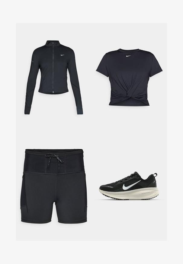 Zwarte lange mouwen sportjack met rits aan de voorkant en wit Nike swoosh-logo op de linkerborst, ontworpen voor een slank figuur.; Zwarte sportieve T-shirt van gladde stof, met een geknoopt ontwerp aan de voorkant en een klein wit Nike-logo op de borst.; Zwarte sportshorts met een hoge tailleband, een getextureerd bovenpaneel en een trekkoord. Voorzien van vlakke naden en zijzakken.; Zwarte Nike hardloopschoen met ademend mesh bovenwerk, witte swoosh-logo, gestructureerde details en een crèmekleurige ZoomX middenzool.