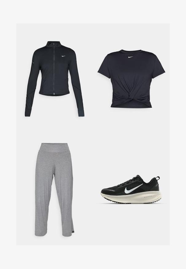 Μαύρο αθλητικό μπουφάν με μακριά μανίκια και μπροστινό φερμουάρ, με λευκό λογότυπο Nike swoosh στο αριστερό στήθος, σχεδιασμένο για στενή εφαρμογή.; Μαύρη αθλητική μπλούζα φτιαγμένη από λείο ύφασμα, με σχέδιο μπροστινού κόμπου και μικρό λευκό λογότυπο Nike στο στήθος.; Yogasearcher RAVANA FLOWY PANTS - Παντελόνι φόρμας - grey; Μαύρο αθλητικό παπούτσι Nike με αναπνεύσιμο μανίκι από ύφασμα, λευκό λογότυπο swoosh, ανάγλυφη λεπτομέρεια και μεσαία σόλα ZoomX σε κρέμα απόχρωση.