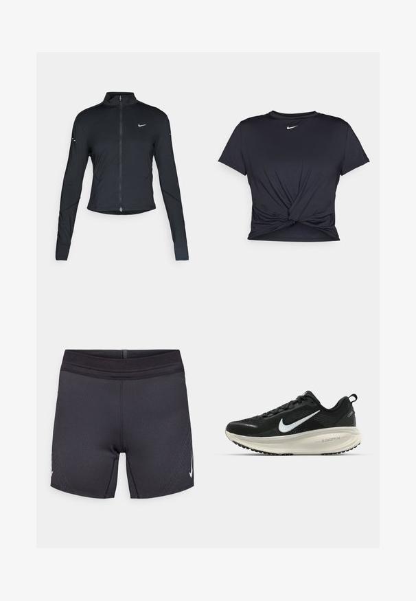 Black long-sleeve athletic jacket with front zipper and white Nike swoosh logo on left chest, designed for a slim fit.; Black athletic t-shirt made of smooth fabric, featuring a knotted front design and a small white Nike logo on the chest.; Black athletic shorts made of stretchy fabric with a smooth texture, featuring a reinforced waistband and a white logo on the side.; Black Nike running shoe with breathable mesh upper, white swoosh logo, textured detailing, and a cream-colored ZoomX midsole.