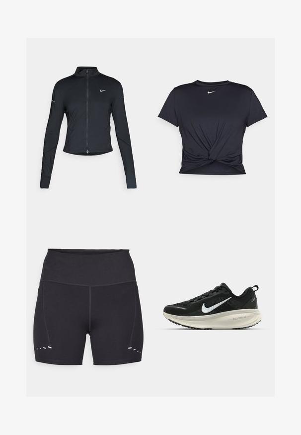 Black long-sleeve athletic jacket with front zipper and white Nike swoosh logo on left chest, designed for a slim fit.; Black athletic t-shirt made of smooth fabric, featuring a knotted front design and a small white Nike logo on the chest.; Black athletic shorts with a smooth texture, high waistband, and contrasting white accents on the sides. Made from stretchy, breathable material.; Black Nike running shoe with breathable mesh upper, white swoosh logo, textured detailing, and a cream-colored ZoomX midsole.