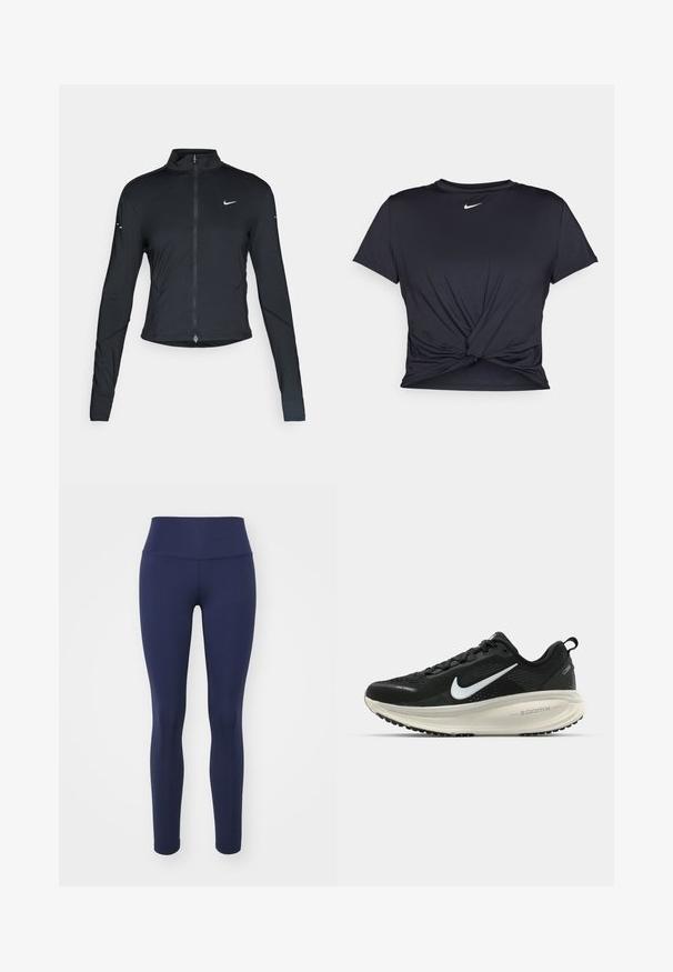 Giacca sportiva nera a maniche lunghe con zip frontale e logo Nike swoosh bianco sul lato sinistro del petto, progettata per una vestibilità slim.; Maglietta atletica nera realizzata in tessuto liscio, con un design anteriore annodato e un piccolo logo Nike bianco sul petto.; Leggings blu navy realizzati in tessuto elasticizzato, con vita alta e un design liscio e senza cuciture, senza modelli o accessori visibili.; Scarpa da corsa nera Nike con tomaia in rete traspirante, logo Swoosh bianco, dettagli testurizzati e intersuola ZoomX di colore crema.