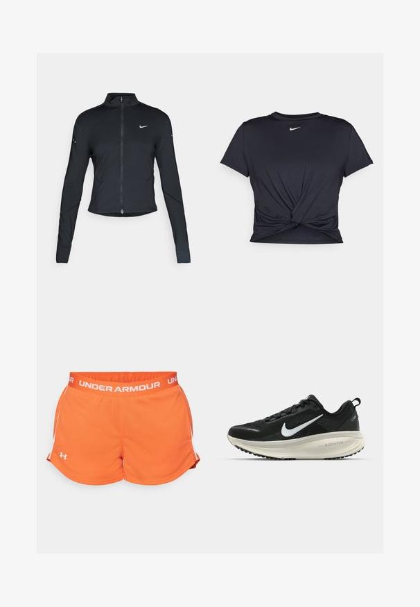 Schwarze, langärmelige Sportjacke mit Frontreißverschluss und weißem Nike-Swoosh-Logo auf der linken Brust, entworfen für eine schlanke Passform.; Schwarzes Sport-T-Shirt aus glattem Stoff, mit einem geknoteten Vorderdesign und einem kleinen weißen Nike-Logo auf der Brust.; Orangene Sportshorts mit gewebter Textur, elastischem Bund und weißen Akzenten an den Seiten. Mit dem "UNDER ARMOUR"-Logo in Weiß.; Schwarzer Nike-Laufschuh mit atmungsaktivem Mesh-Obermaterial, weißem Swoosh-Logo, strukturierten Details und einer cremefarbenen ZoomX-Zwischensohle.