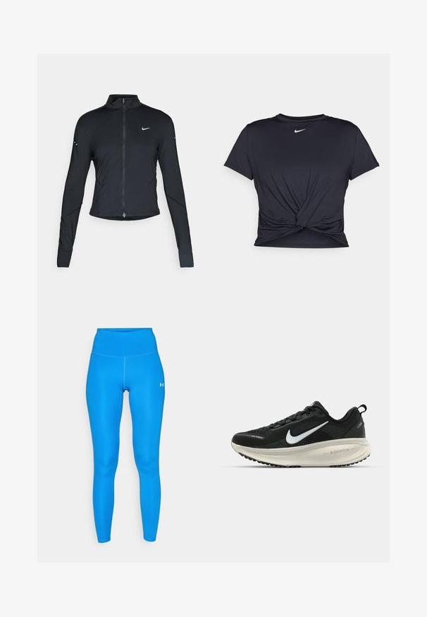 Musta pitkähihainen urheilu takki, jossa on edessä vetoketju ja valkoinen Nike-swoosh-logo vasemmassa rinnassa, suunniteltu slim fit -malliseksi.; Musta urheilu T-paita, joka on valmistettu sileästä kankaasta, jossa on solmittu etuosa ja pieni valkoinen Nike-logo rinnassa.; Siniset urheilulegginssit korkean vyötärönauhalla, sileällä pinnalla ja kontrastivärisellä ompeleella. Alareunassa on pieni logo oikeassa jalassa.; Mustat Nike-juoksukengät, joissa on hengittävä verkko-osa, valkoinen swoosh-logo, teksturoitu yksityiskohtaus ja kermaisen värinen ZoomX-välipohja.
