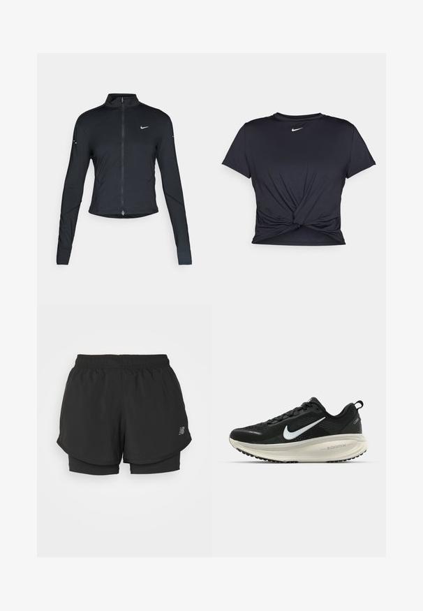 Zwarte lange mouwen sportjack met rits aan de voorkant en wit Nike swoosh-logo op de linkerborst, ontworpen voor een slank figuur.; Zwarte sportieve T-shirt van gladde stof, met een geknoopt ontwerp aan de voorkant en een klein wit Nike-logo op de borst.; Zwarte sportshorts met een elastische tailleband, voorzien van een gelaagd ontwerp en een binnenvoering. De stof lijkt lichtgewicht en soepel te zijn.; Zwarte Nike hardloopschoen met ademend mesh bovenwerk, witte swoosh-logo, gestructureerde details en een crèmekleurige ZoomX middenzool.