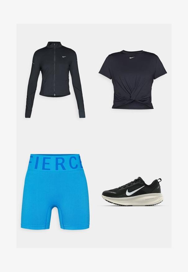 Čierna športová bunda s dlhým rukávom, s predným zipsom a bielym logom Nike swoosh na ľavom prsníku, navrhnutá na tesný strih.; Čierne atletické tričko vyrobené z hladkej tkaniny, so zaväzovaným predným dizajnom a malým bielym logom Nike na hrudi.; Modré športové šortky vyrobené z elastického materiálu, s širokým pásom s nápisom "Fierce" v tmavomodrej farbe. Hladký povrch a priliehavý strih.; Čierne bežecké topánky Nike s priedušnou sieťovinou, bielym logom s symbolom swoosh, textúrovanými detailmi a krémovou ZoomX medzipodrážkou.