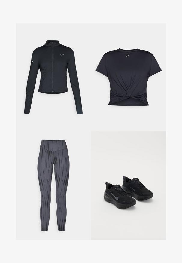 Jaqueta atlética preta de mangas longas com fecho na frente e logótipo do swoosh da Nike branco no peito esquerdo, projetada para um ajuste slim.; T-shirt atlético preto feito de tecido liso, apresentando um design frontal com nó e um pequeno logótipo branco da Nike no peito.; Leggings de cintura alta em cinza escuro com um padrão de tie-dye. Feitas de tecido elástico com uma textura suave e design ajustado.; Sapatilhas desportivas pretas com um cabedal texturizado, design com atacadores e uma sola grossa e acolchoada. Apresenta um logótipo da Nike em cinza de cada lado.