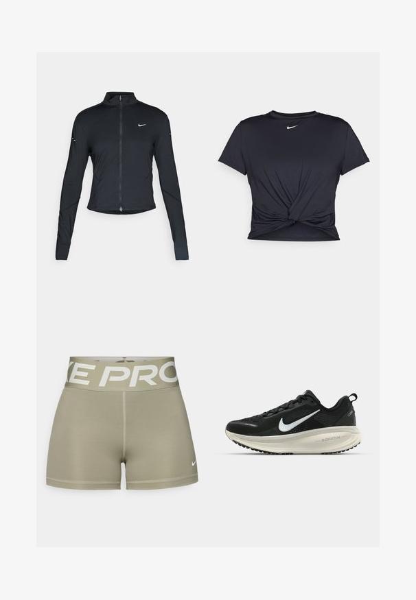 Juoda ilgomis rankovėmis sportinė striukė su priekiniais užtrauktukais ir baltu "Nike" swoosh logotipu kairėje krūtinės pusėje, sukurta siauram pritaikymui.; Juodas sportinis marškinėlis, pagamintas iš lygios medžiagos, su surišta priekiu ir mažu baltu Nike logotipu ant krūtinės.; Olive žalios spalvos sportiniai šortai, pagaminti iš elastingos medžiagos, su plačiu baltu "NIKE PRO" juosmeniu ir mažuoju Nike logotipu kairiajame apačioje.; Juodas Nike sportinis batelis su kvėpuojančiu tinklu, baltu swoosh logotipu, tekstūruoto dizaino detalėmis ir grietinėlės spalvos ZoomX viduriu.