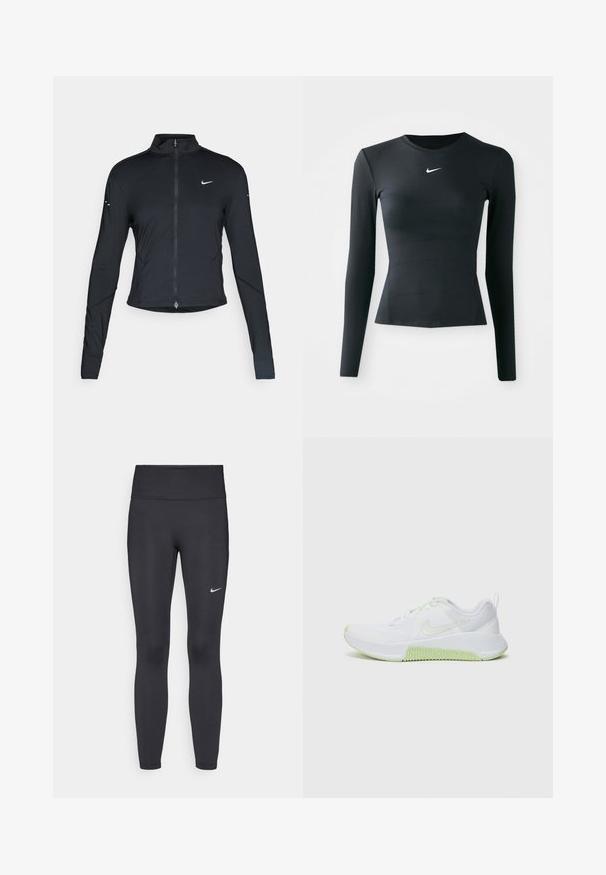 Veste de sport noire à manches longues avec fermeture éclair à l'avant et logo Nike swoosh blanc sur la poitrine gauche, conçue pour un ajustement slim.; Haut ajusté à manches longues noir, fabriqué en tissu lisse et extensible. Il présente un col rond et un petit logo Nike blanc sur la poitrine.; Leggings noirs en tissu extensible, dotés d'une taille haute et d'un logo Nike blanc sur la cuisse gauche. Texture lisse, design ajusté.; Baskets de sport blanches avec dessus en mesh texturé, accents vert lime sur la semelle et les lacets, et design à bout arrondi pour plus de flexibilité.