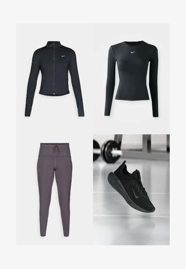 Musta pitkähihainen urheilu takki, jossa on edessä vetoketju ja valkoinen Nike-swoosh-logo vasemmassa rinnassa, suunniteltu slim fit -malliseksi.; Musta pitkähihainen tiukka toppi, joka on valmistettu sileästä, joustavasta kankaasta. Sisältää pyöreän kaula-aukon ja pienen valkoisen Nike-logon rinnassa.; Violet korkeavyötäröiset legginssit, joissa on nyörikiinnitys, sileä pinta ja sivutaskut lisäämään toiminnallisuutta.; Musta urheilusneekeri, jossa on Nike-logo, esitetty ilmassa kuntosalilattialla, taustalla sumea käsipainohylly.