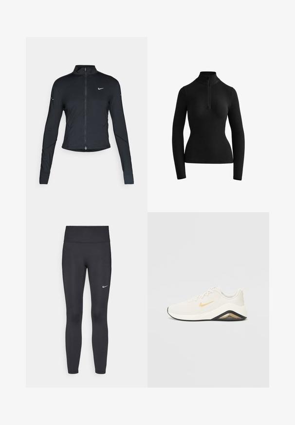 Czarna, długorękawowa, sportowa kurtka z zamkiem błyskawicznym z przodu i białym logo Nike swoosh na lewej piersi, zaprojektowana z myślą o szczupłym kroju.; Czarny longsleeve z wysokim kołnierzem i zamkiem błyskawicznym przy szyi. Wykonany z gładkiego, elastycznego materiału, z dopasowanym krojem.; Czarne legginsy z elastycznego materiału, z wysokim pasem i białym logo Nike na lewym udzie. Gładka tekstura, dopasowany krój.; Sneakers Nike w białym i złotym wzorze, z teksturowanym wierzchem, amortyzowaną piętą, czarną podeszwą i wyraźnym logo.