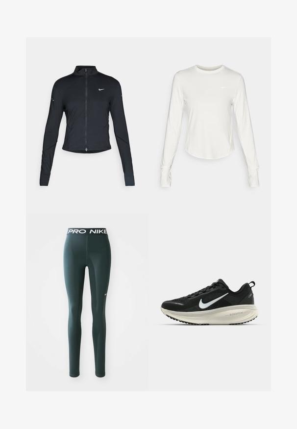 Schwarze, langärmelige Sportjacke mit Frontreißverschluss und weißem Nike-Swoosh-Logo auf der linken Brust, entworfen für eine schlanke Passform.; Weißes langärmliges Sportshirt aus glattem, leichtem Material. Mit rundem Ausschnitt und einem Nike-Logo auf der Brust.; Dunkelgrüne Leggings aus elastischem Material mit einem breiten Bund, der das "PRO NIKE"-Logo trägt, und einem kleinen weißen Nike-Swoosh an der Seite.; Schwarzer Nike-Laufschuh mit atmungsaktivem Mesh-Obermaterial, weißem Swoosh-Logo, strukturierten Details und einer cremefarbenen ZoomX-Zwischensohle.