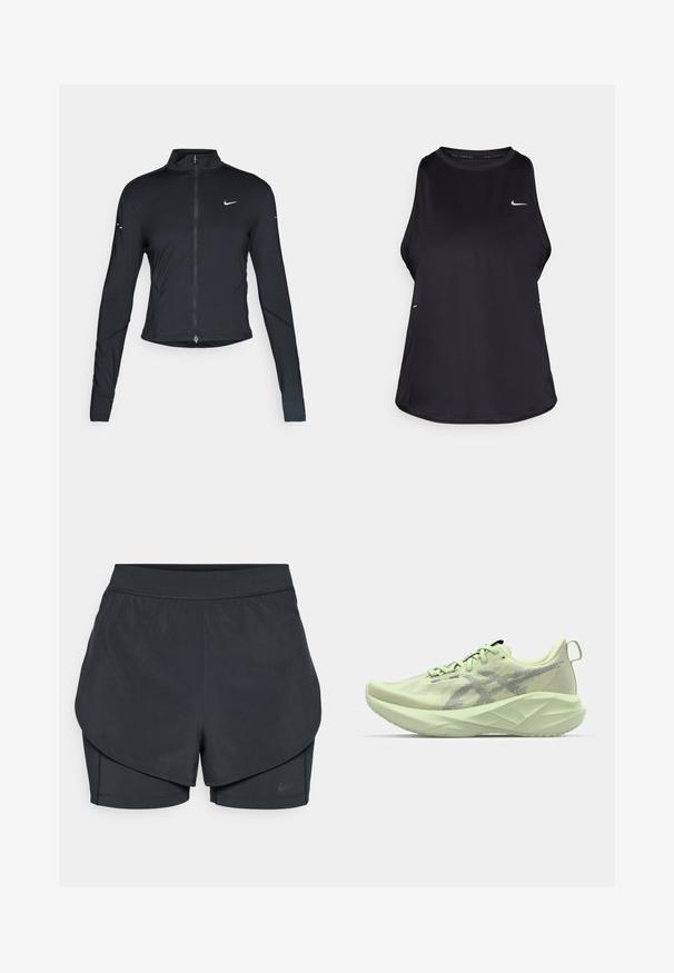 Veste de sport noire à manches longues avec fermeture éclair à l'avant et logo Nike swoosh blanc sur la poitrine gauche, conçue pour un ajustement slim.; Débardeur de course sans manches noir, fabriqué dans un matériau léger, avec un col rond ; présente un logo discret et des fentes sur les côtés pour une meilleure respirabilité.; Shorts de sport noirs avec un design superposé, présentant une couche extérieure lisse et des shorts intérieurs ajustés. Fabriqués en tissu léger et extensible.; Baskets de sport vert clair avec une tige en mesh, des accents texturés et une semelle épaisse et angulaire pour un meilleur amorti et un soutien optimal.