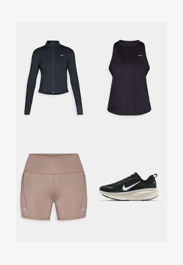 Jaqueta atlética preta de mangas longas com fecho na frente e logótipo do swoosh da Nike branco no peito esquerdo, projetada para um ajuste slim.; Top de corrida sem mangas de cor preta, feito de material leve com decote redondo; apresenta um logotipo subtil e aberturas laterais para respirabilidade.; Calças curtas de desporto castanhas, elásticas, com uma cintura alta, costura na lateral e três linhas brancas de destaque perto da bainha.; Sapatilha de corrida Nike preta com parte superior de malha respirável, logotipo Swoosh branco, detalhes texturizados e uma entressola ZoomX na cor creme.