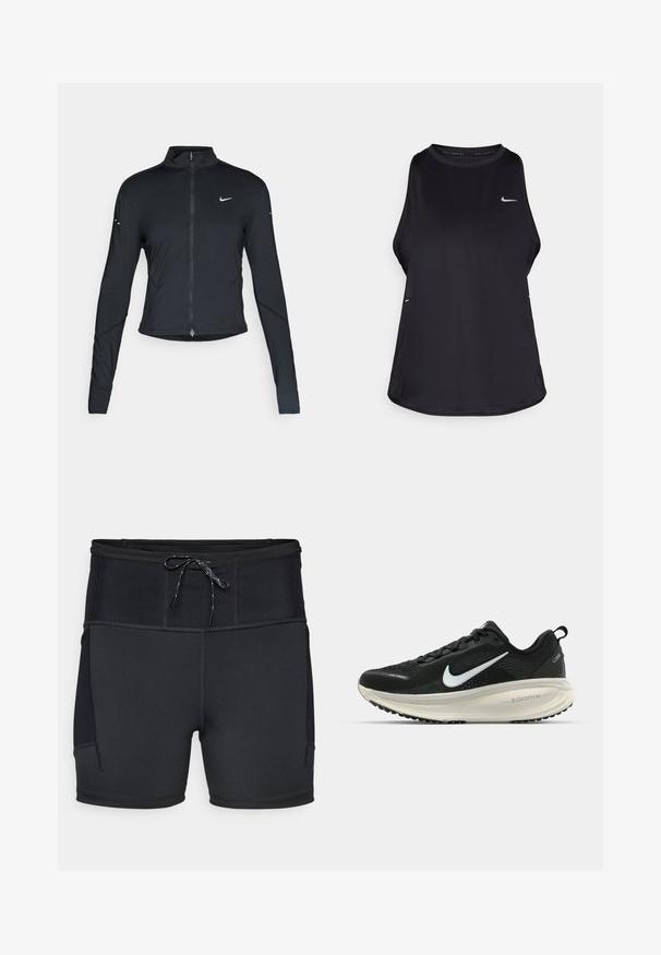 Zwarte lange mouwen sportjack met rits aan de voorkant en wit Nike swoosh-logo op de linkerborst, ontworpen voor een slank figuur.; Zwarte mouwloze hardlooptanktop van lichtgewicht materiaal met een ronde hals; heeft een subtiel logo en zijslits voor ventilatie.; Zwarte sportshorts met een hoge tailleband, een getextureerd bovenpaneel en een trekkoord. Voorzien van vlakke naden en zijzakken.; Zwarte Nike hardloopschoen met ademend mesh bovenwerk, witte swoosh-logo, gestructureerde details en een crèmekleurige ZoomX middenzool.