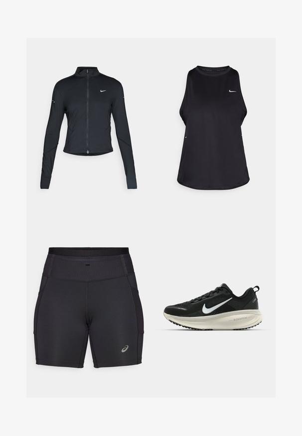 Jaqueta atlética preta de mangas longas com fecho na frente e logótipo do swoosh da Nike branco no peito esquerdo, projetada para um ajuste slim.; Top de corrida sem mangas de cor preta, feito de material leve com decote redondo; apresenta um logotipo subtil e aberturas laterais para respirabilidade.; Calças curtas atléticas pretas feitas de tecido elástico. Apresentam uma cintura alta, canelada e bolsos laterais. Inclui um detalhe de logótipo refletor.; Sapatilha de corrida Nike preta com parte superior de malha respirável, logotipo Swoosh branco, detalhes texturizados e uma entressola ZoomX na cor creme.