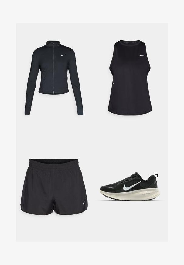 Black long-sleeve athletic jacket with front zipper and white Nike swoosh logo on left chest, designed for a slim fit.; Black sleeveless running tank top made of lightweight material with a round neck; features a subtle logo and side slits for breathability.; Black athletic shorts with an elastic waistband, smooth texture, curved hem, and side mesh accents. Features a small logo on the front.; Black Nike running shoe with breathable mesh upper, white swoosh logo, textured detailing, and a cream-colored ZoomX midsole.