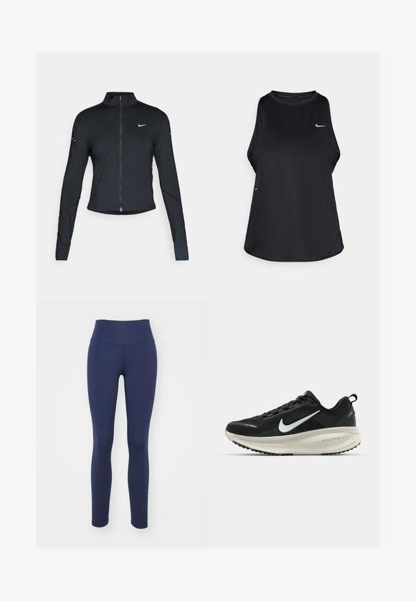Musta pitkähihainen urheilu takki, jossa on edessä vetoketju ja valkoinen Nike-swoosh-logo vasemmassa rinnassa, suunniteltu slim fit -malliseksi.; Mustan hihattoman juoksupaidan ykkönen, joka on valmistettu kevyestä materiaalista ja jossa on pyöreä kaula-aukko; siinä on huomaamaton logo ja sivuleikkaukset hengittävyyden parantamiseksi.; Nike Performance ONE - Trikoot - obsidian/black; Mustat Nike-juoksukengät, joissa on hengittävä verkko-osa, valkoinen swoosh-logo, teksturoitu yksityiskohtaus ja kermaisen värinen ZoomX-välipohja.