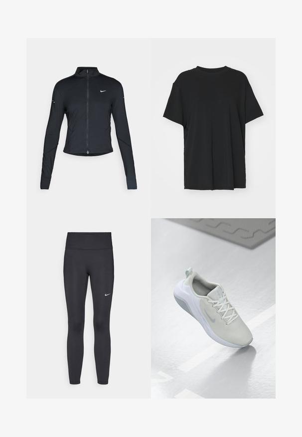Schwarze, langärmelige Sportjacke mit Frontreißverschluss und weißem Nike-Swoosh-Logo auf der linken Brust, entworfen für eine schlanke Passform.; Schwarzes T-Shirt mit kurzen Ärmeln aus glattem Stoff, mit Rundhalsausschnitt und lockerer Passform. Verfügt über seitliche Schlitze für zusätzlichen Komfort und Atmungsaktivität.; Schwarze Leggings aus elastischem Stoff, mit einem hohen Bund und einem weißen Nike-Logo auf dem linken Oberschenkel. Glatte Textur, figurbetontes Design.; Hellgrauer Sportschuh mit einem Obermaterial aus Netzgewebe, kreisförmigem Muster, weißen Akzenten, flachen Schnürsenkeln und einer strukturierten Sohle für besseren Halt.