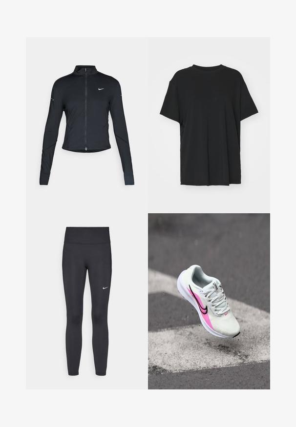 Čierna športová bunda s dlhým rukávom, s predným zipsom a bielym logom Nike swoosh na ľavom prsníku, navrhnutá na tesný strih.; Čierne tričko s krátkym rukávom vyrobené z hladkej tkaniny, s okrúhlym výstrihom a voľným strihom. Obsahuje bočné rozparky pre väčšie pohodlie a priedušnosť.; Čierne legíny z elastického materiálu, s vysokým pásom a bielym logom Nike na ľavom stehne. Hladká textúra, priliehavý dizajn.; Ľahká bežecká obuv v bielej sieťovine, s ružovými a čiernymi akcentmi, zdvihnutou pätou a textúrovanou podrážkou, umiestnená vo vzduchu nad dlažbou.
