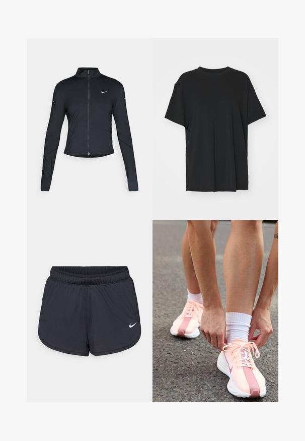 Schwarze, langärmelige Sportjacke mit Frontreißverschluss und weißem Nike-Swoosh-Logo auf der linken Brust, entworfen für eine schlanke Passform.; Schwarzes T-Shirt mit kurzen Ärmeln aus glattem Stoff, mit Rundhalsausschnitt und lockerer Passform. Verfügt über seitliche Schlitze für zusätzlichen Komfort und Atmungsaktivität.; Schwarze Sportshorts mit elastischem Bund, sportlichem Design und weißem Nike-Logo vorne unten. Strukturierter Stoff.; Nike Performance PEGASUS PLUS - Laufschuh Straße - crimson tint/white/pure platinum/red stardust/vast grey