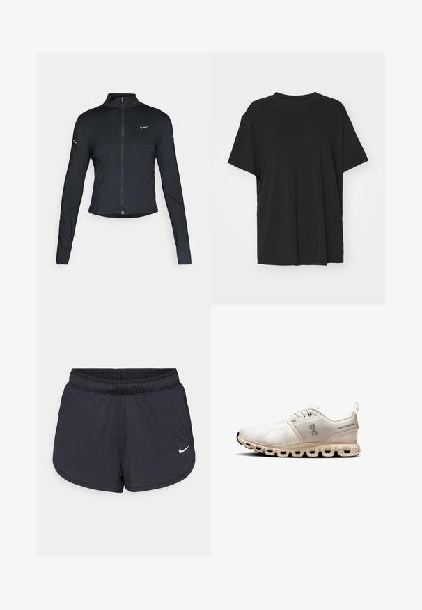 Black long-sleeve athletic jacket with front zipper and white Nike swoosh logo on left chest, designed for a slim fit.; Black short-sleeve t-shirt made of smooth fabric, with a crew neck and loose fit. Features side slits for added comfort and breathability.; Black athletic shorts with an elastic waistband, featuring a sporty design and a white Nike logo on the lower front. Textured fabric.; Light beige athletic shoe with mesh upper, minimalistic design, rounded toe, and cushioned sole featuring segmented cut-outs for flexibility.