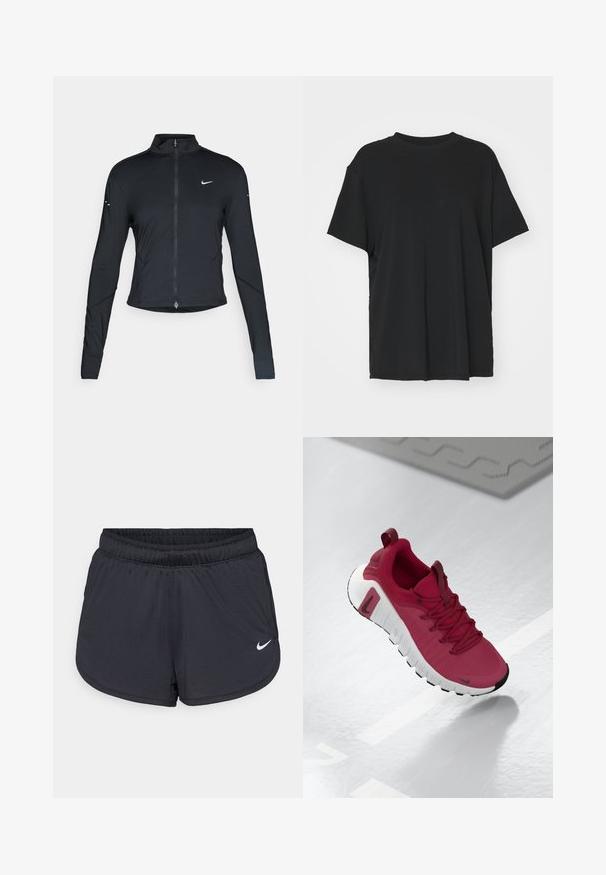 Črna dolgoprogaška jakna s dolgimi rokavi, z zadrgo spredaj in belim logotipom Nike na levem prsnem delu, zasnovana za ohlapno prileganje.; Črna kratka majica s kratkimi rokavi, izdelana iz gladkega materiala, s kroјnim ovratnikom in prostim krojem. Ima stranske razpoke za dodatno udobje in zračnost.; Črne atletske kratke hlače z elastičnim pasom, športnega dizajna z belim Nike logotipom na spodnjem delu spredaj. Tkanina z teksturo.; Rdeča športna čevlja z teksturirano zgornjščino, vezalkami in debelim belim podplatom. Ima kontrastno črno zaščito prstov in logo na strani.