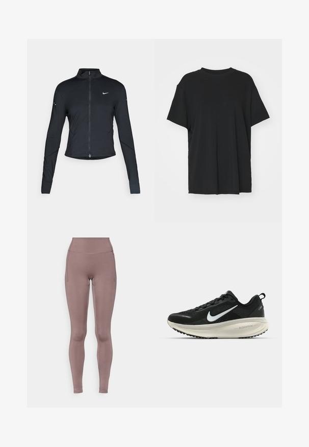 Svart långärmad träningsjacka med framdragkedja och vitt Nike-swoosh-logotyp på vänster bröst, designad för en slim fit.; Svart kortärmad t-shirt i slätt tyg, med rund hals och lös passform. Har sidslitsar för ökad komfort och andningsförmåga.; Högmidjade leggings i en mjuk mauvefärg, gjorda av stretchigt tyg med plana sömmar och sidofickor. Slät textur och figurnära design.; Svart Nike löparsko med andningsbart mesh-ovandel, vit swoosh-logotyp, texturerad detaljering och en krämfärgad ZoomX-mellansula.