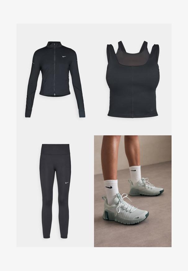 Crna dugoslejeva sportska jakna s prednjim patentnim zatvaračem i bijelim Nike swoosh logom na lijevoj strani prsnog dijela, dizajnirana za uski fit.; Crni sportski grudnjak s prilagođenim dizajnom, širokim trakama i mrežastim prekrivačem sprijeda. Glatka tekstura i minimalni šavovi. Nike logo na rubu.; Crne tajice izrađene od rastezljivog materijala, s visokim strukom i bijelim Nike logotipom na lijevom bedru. Glatka tekstura, dizajn koji prati obline.; Svijetlosivi atletski tenisice s teksturiranim materijalom, bijelim vezicama i zelenom potplatom. Uparene s bijelim rebrastim čarapama s crnim logotipom.