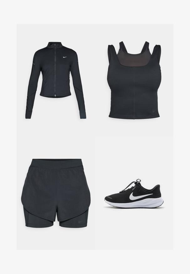 Black long-sleeve athletic jacket with front zipper and white Nike swoosh logo on left chest, designed for a slim fit.; Black sports bra featuring a fitted design, wide straps, and a mesh overlay on the front. Smooth texture and minimal seams. Nike logo on hem.; Black athletic shorts with a layered design, featuring a smooth outer layer and fitted inner shorts. Made of lightweight, stretch fabric.; Nike Performance REVOLUTION 7 EASYON - Road running shoes - black/white