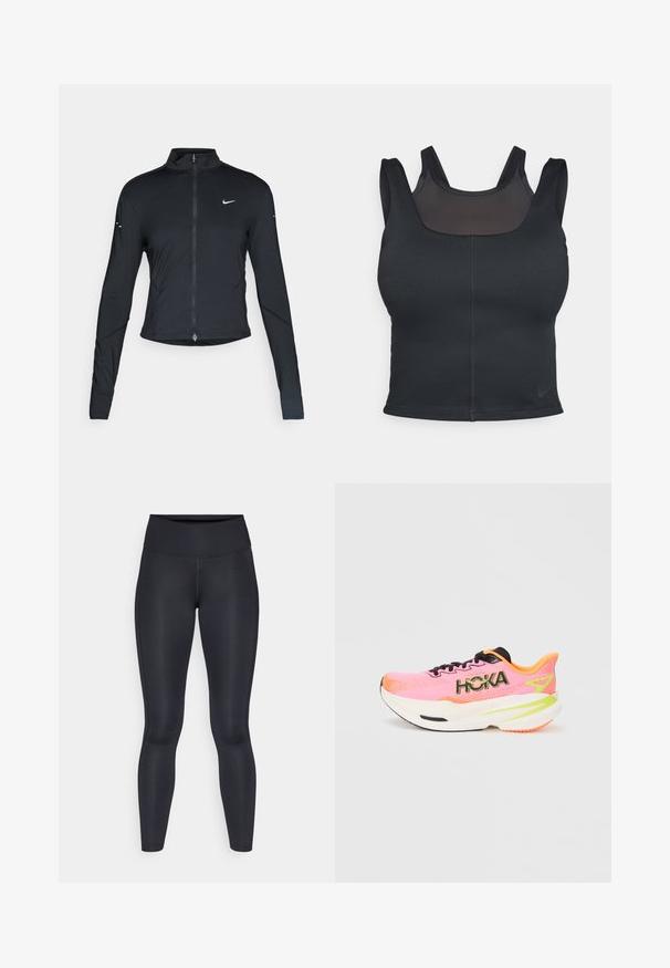 Musta pitkähihainen urheilu takki, jossa on edessä vetoketju ja valkoinen Nike-swoosh-logo vasemmassa rinnassa, suunniteltu slim fit -malliseksi.; Mustaharjoituskliivan mallinen musta urheiluliivi, jossa on leveät hihnat ja silkkinen verkkokangas etuosassa. Sujuva pinta ja vähäiset saumat. Nike-logo helmassa.; Mustat legginsit, jotka on valmistettu sileästä ja joustavasta kankaasta. Korkea vyötärö ilman näkyviä kuvioita tai tehosteita. Istuu tiiviisti vyötäröstä nilkkoihin.; Vaaleanpunaiset juoksukengät, joissa on verkkomateriaalia, mustat nauhat ja näkyvä "HOKA"-logo. Ominaisuuksiin kuuluu pehmustettu valkoinen pohja, jossa on oransseja ja vihreitä yksityiskohtia.