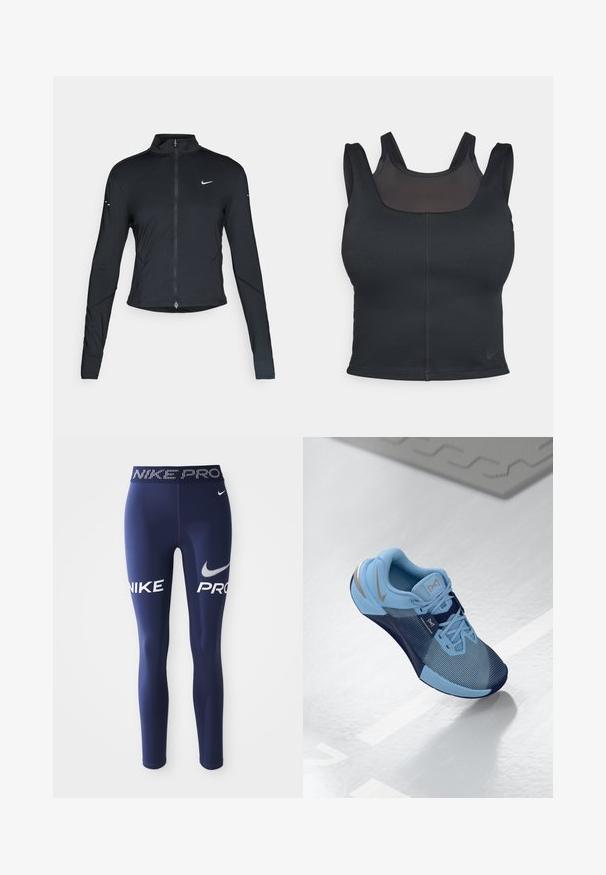 Jaqueta atlética preta de mangas longas com fecho na frente e logótipo do swoosh da Nike branco no peito esquerdo, projetada para um ajuste slim.; Sutiã desportivo preto com um design ajustado, alças largas e uma sobreposição de malha na parte da frente. Textura suave e costuras mínimas. Logótipo da Nike na bainha.; Leggings atléticos azul marinho feitos de um tecido elástico, com "NIKE" e "PRO" em letras brancas em negrito nas laterais e uma cinta com padrão.; Sapatilha atlética azul claro com detalhes em azul marinho, parte superior em malha texturizada, biqueira reforçada, atacadores lisos e um logótipo prateado na lateral.