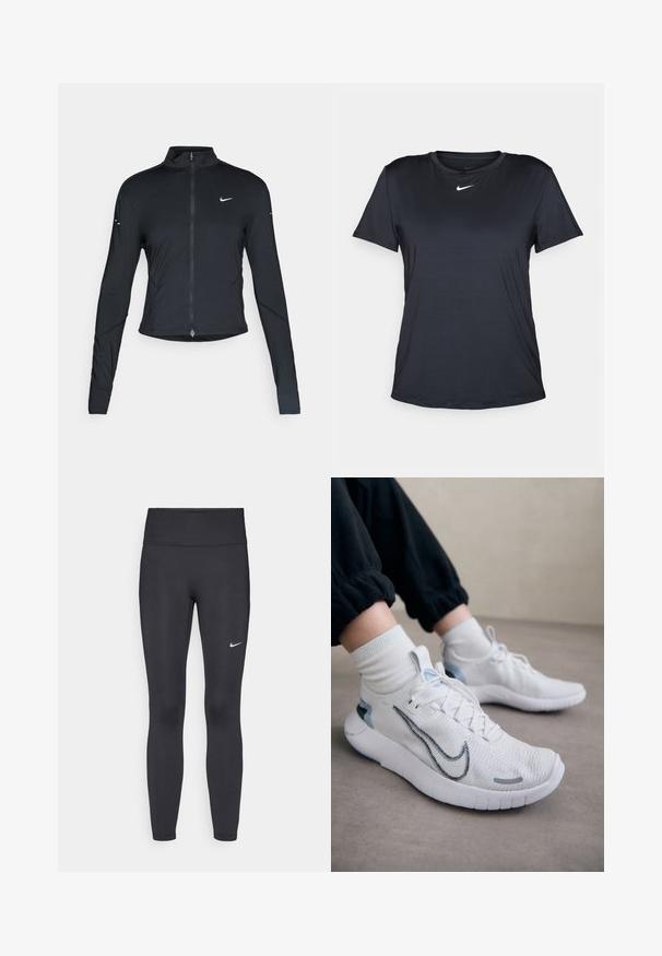 Svart langermet treningsjakke med glidelås foran og hvit Nike swoosh-logo på venstre bryst, designet for en slank passform.; Svart Nike T-skjorte med korte ermer, rund hals, laget av glatt stoff, med en liten hvit logo på brystet.; Sorte leggings laget av elastisk stoff, med høy livlinje og en hvit Nike-logo på venstre lår. Glatt tekstur, kroppsnær passform.; Hvite Nike-sneakers med en strukturert strikkeoverdel, blå detaljer og en fremtredende svart swoosh. Lett såle med et flex-groove design.