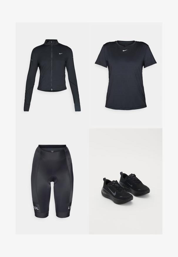 Čierna športová bunda s dlhým rukávom, s predným zipsom a bielym logom Nike swoosh na ľavom prsníku, navrhnutá na tesný strih.; Čierne tričko Nike s krátkym rukávom a okrúhlym výstrihom, vyrobené z hladkej textílie, s malým bielym logom na hrudi.; Čierne cyklistické kraťasy vyrobené z hladkej, elastickej látky. Obsahujú vystuženú sedaciu časť a logo na ľavom stehne. Dĺžka do polovice stehna.; Čierne športové topánky s textúrovaným zvrškom, viazaním na šnúrky a hrubou, polstrovanou podrážkou. Obsahuje šedé logo Nike po stranách.