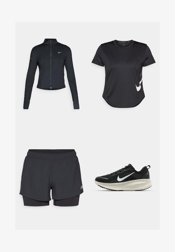Svart långärmad träningsjacka med framdragkedja och vitt Nike-swoosh-logotyp på vänster bröst, designad för en slim fit.; Svart tränings t-shirt med korta ärmar, som har en vit Nike swoosh-logotyp på den nedre sidan och en rundad fåll.; Svarta idrottsshorts med innerfoder, featuring ett elastiskt midjeband, slät yta, och en reflekterande logotyp på sidan.; Svart Nike löparsko med andningsbart mesh-ovandel, vit swoosh-logotyp, texturerad detaljering och en krämfärgad ZoomX-mellansula.