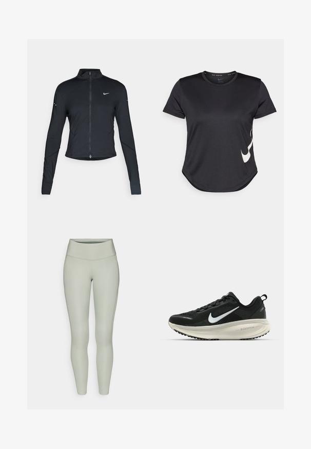 Musta pitkähihainen urheilu takki, jossa on edessä vetoketju ja valkoinen Nike-swoosh-logo vasemmassa rinnassa, suunniteltu slim fit -malliseksi.; Musta urheilupaita, jossa on lyhyet hihat, ja jossa on valkoinen Nike-swoosh-logo alareunassa sekä pyöristetty helma.; Vaaleanvihreät legginsit, joissa on korkea vyötärö, sileä pinta ja vartalonmyötäinen muotoilu hienovaraisilla sivusaumoilla.; Mustat Nike-juoksukengät, joissa on hengittävä verkko-osa, valkoinen swoosh-logo, teksturoitu yksityiskohtaus ja kermaisen värinen ZoomX-välipohja.