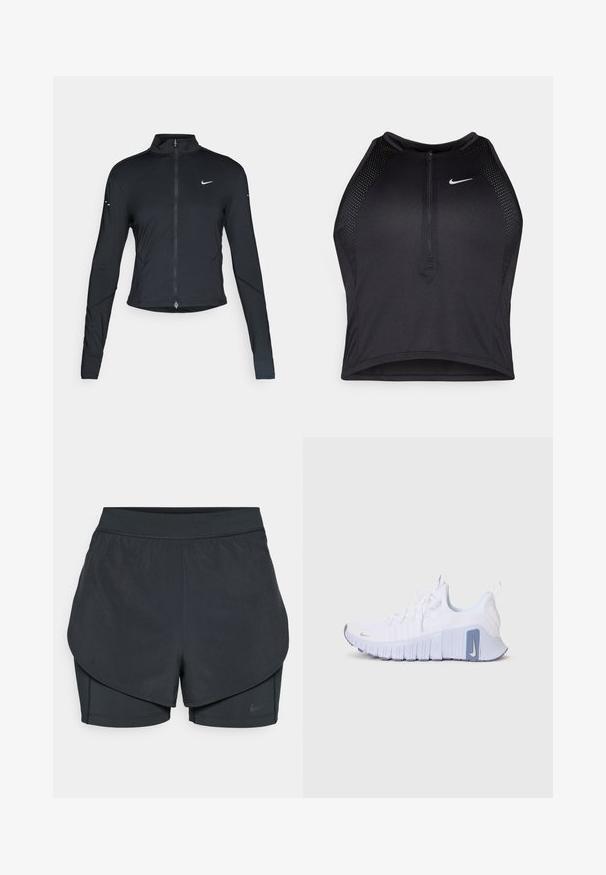 Must have pika, pikkade varrukatega sportlik jakk, ees lukuga ja valge Nike swooshi logo vasakul rinnal, mõeldud kitsaks sobivuseks.; Must negra spordiline crop top, millel on lukk ees, võrgukangast detailid ja vormiv disain. Valmistatud venivast ja hingavast kangast. Nike logo ees.; Mustad musta sportlikud lühikesed püksid kihilise disainiga, millel on sile välimine kiht ja istuvad sisepüksid. Valmistatud kergest, venivast kangast.; Valged Nike tossud, millel on tekstuuriga ülemine osa, lilla aksentidega põhjas ja logos, ning paindlik ja soonikuline välispõhi haardeks.