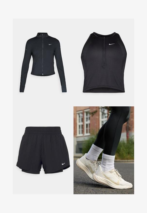 Fekete, hosszú ujjú sportdzseki elején zippzárral és fehér Nike swoosh logóval a bal mellen, karcsú fazonra tervezve.; Fekete sportos crop top, elöl cipzárral, hálós kiegészítőkkel és testhez álló kialakítással. Rugalmas, lélegző anyagból készült. Nike logó elöl.; Fekete sportnadrág, gumírozott derékpánttal, belső béléssel és fehér Nike logóval az alsó bal oldalon. Similaire, könnyű anyag.; Nike futócipők világos bézs hálós anyagból, texturált felülettel, fehér fűzővel és görbére formált talppal. Fehér bokaszakaszú zoknival párosítva.