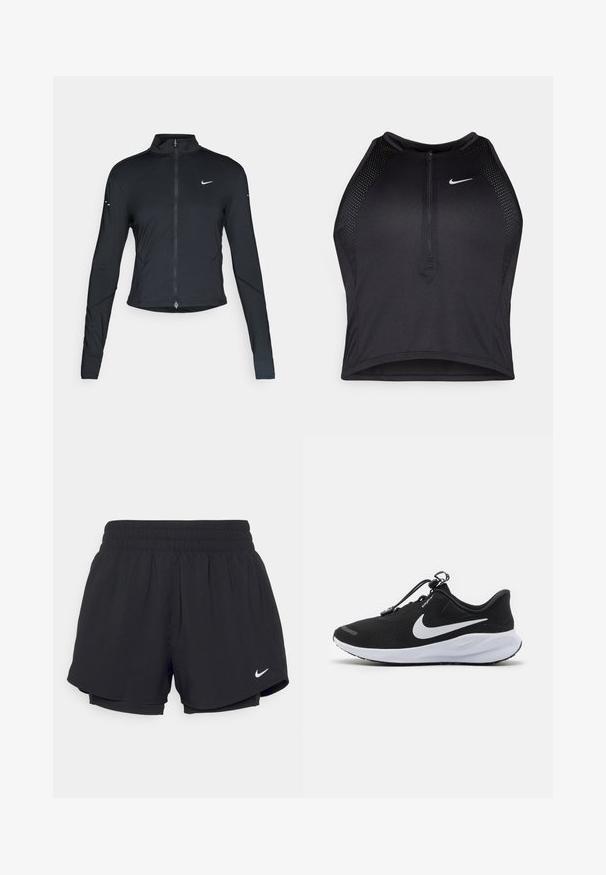 Svart långärmad träningsjacka med framdragkedja och vitt Nike-swoosh-logotyp på vänster bröst, designad för en slim fit.; Svart atletisk crop top med dragkedja framtill, nätdetaljer och en figurnära design. Tillverkad av elastiskt, andningsbart material. Nike-logga på framsidan.; Svarta sportshorts med elastisk midja som är sammanknuten, innerfoder och vit Nike-logotyp på nedre vänstra sidan. Slätt, lättviktsmaterial.; Nike Performance REVOLUTION 7 EASYON - Väglöparskor - black/white