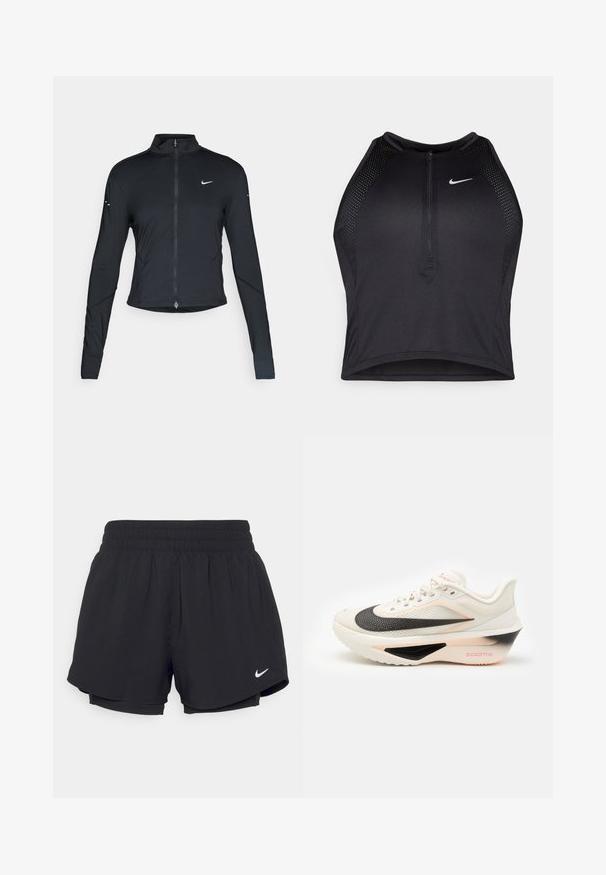Čierna športová bunda s dlhým rukávom, s predným zipsom a bielym logom Nike swoosh na ľavom prsníku, navrhnutá na tesný strih.; Čierny športový crop top so zipsom vpredu, sieťovými prvkami a priliehavým strihom. Vyrobený z pružného, priedušného materiálu. Logo Nike na prednej strane.; Čierne športové šortky s elastickým pásom, vnútornou podšívkou a bielym logom Nike na dolnej ľavej strane. Hladká, ľahká tkanina.; Biele športové topánky s čiernym a ružovým medzipodrážkou, textúrovaným zvrškom a výrazným logom Nike, s šnúrkami a polstrovaným golierom.