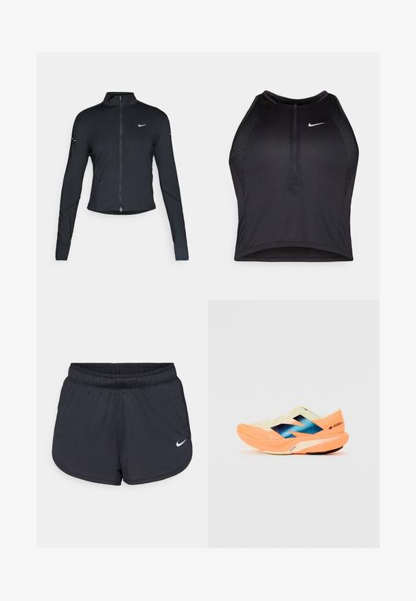 Veste de sport noire à manches longues avec fermeture éclair à l'avant et logo Nike swoosh blanc sur la poitrine gauche, conçue pour un ajustement slim.; Crop top sportif noir avec fermeture éclair à l'avant, accents en mesh et design ajusté. Fabriqué en tissu extensible et respirant. Logo Nike à l'avant.; Shorts de sport noirs avec une taille élastique, présentant un design sportif et un logo Nike blanc sur le bas à l'avant. Tissu texturé.; Chaussure de course avec une tige légère couleur crème, un logo bleu et des accents orange sur la semelle. Texture en maille pour la respirabilité.