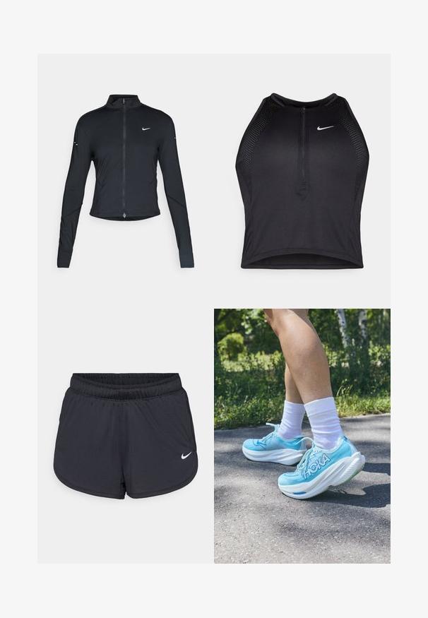 Musta pitkähihainen urheilu takki, jossa on edessä vetoketju ja valkoinen Nike-swoosh-logo vasemmassa rinnassa, suunniteltu slim fit -malliseksi.; Musta urheilullinen crop-top, jossa on vetoketjukiinnitys, verkkokankaiset yksityiskohdat ja istuva malli. Valmistettu joustavasta ja hengittävästä kankaasta. Nike-logo edessä.; Mustat urheilushortsit, joissa on joustava vyötärö, urheilullinen muotoilu ja valkoinen Nike-logo alareunassa edessä. Pintakuvioitu kangas.; Vaaleansiniset urheilukengät, joissa on teksturoitu verkkomateriaali, valkoinen pehmeä pohja ja korostettu "HOKA" -logo sivussa. Kengät on yhdistetty valkoisiin sukkiin.