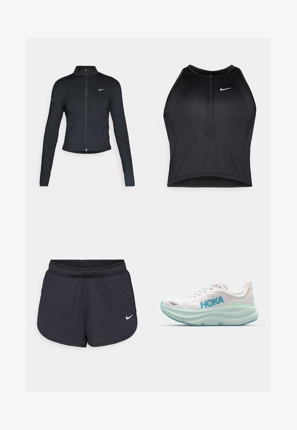 Jachetă sport neagră cu mâneci lungi, fermoar frontal și logo-ul alb al Nike pe pieptul stâng, concepută pentru o croială ajustată.; Top sportiv black, cu croială scurtă, cu fermoar în față, accente din plasă și un design ajustat. Fabricat dintr-un material elastic și respirabil. Logo-ul Nike pe față.; Pantaloni scurți atletici negri cu talie elastică, cu un design sportiv și logo-ul alb Nike pe partea frontală inferioară. Material texturat.; Adidas pentru alergare, de culoare albă, cu o talpă amortizată, accente albastre și superior din plasă. Dispun de un logo proeminent și o talpă texturată pentru aderență.