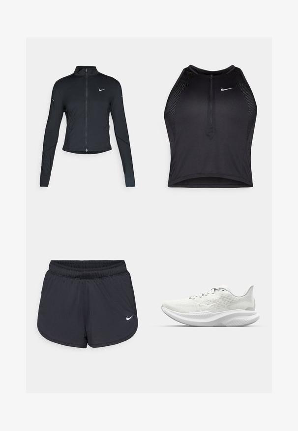 Jachetă sport neagră cu mâneci lungi, fermoar frontal și logo-ul alb al Nike pe pieptul stâng, concepută pentru o croială ajustată.; Top sportiv black, cu croială scurtă, cu fermoar în față, accente din plasă și un design ajustat. Fabricat dintr-un material elastic și respirabil. Logo-ul Nike pe față.; Pantaloni scurți atletici negri cu talie elastică, cu un design sportiv și logo-ul alb Nike pe partea frontală inferioară. Material texturat.; Adidași albi cu un superior texturat, design cu șireturi și o talpă căptușită, cu un profil în formă de val. Branding subtil pe lateral.