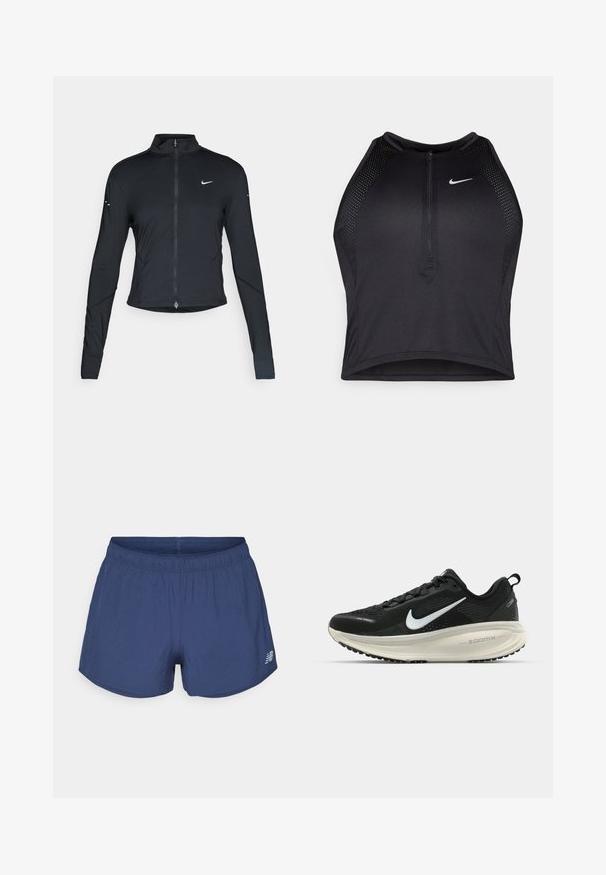 Juoda ilgomis rankovėmis sportinė striukė su priekiniais užtrauktukais ir baltu "Nike" swoosh logotipu kairėje krūtinės pusėje, sukurta siauram pritaikymui.; Juodas sportinis trumpas viršus su užtrauktuku priekyje, tinklinėmis detalėmis ir prigludusia forma. Pagamintas iš tamprios, kvėpuojančios medžiagos. Nike logotipas priekyje.; Tamsiai mėlyni sportiniai šortai su elastinga juostos juosta ir mažas New Balance logotipas apatiniame kairiajame kampe.; Juodas Nike sportinis batelis su kvėpuojančiu tinklu, baltu swoosh logotipu, tekstūruoto dizaino detalėmis ir grietinėlės spalvos ZoomX viduriu.