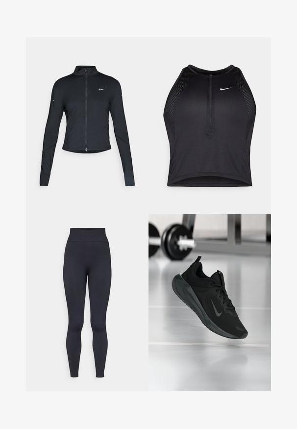 Black long-sleeve athletic jacket with front zipper and white Nike swoosh logo on left chest, designed for a slim fit.; Black athletic crop top with a zip-front, mesh accents, and a fitted design. Made from stretchy, breathable fabric. Nike logo on front.; High-waisted black leggings made of stretchy, smooth fabric. Features a fitted design and seamless edges for comfort and flexibility.; Black sports sneaker with Nike logo, shown mid-air on gym floor, with blurred dumbbell rack in background.