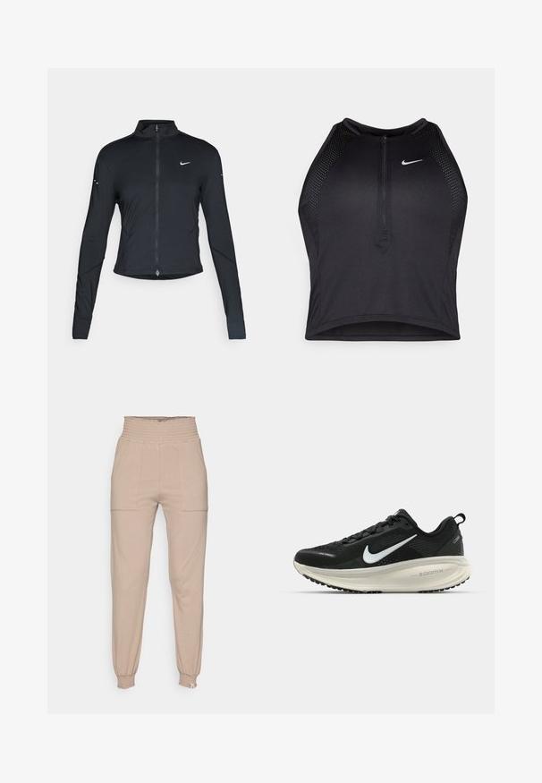 Musta pitkähihainen urheilu takki, jossa on edessä vetoketju ja valkoinen Nike-swoosh-logo vasemmassa rinnassa, suunniteltu slim fit -malliseksi.; Musta urheilullinen crop-top, jossa on vetoketjukiinnitys, verkkokankaiset yksityiskohdat ja istuva malli. Valmistettu joustavasta ja hengittävästä kankaasta. Nike-logo edessä.; Beige juoksuhousut, joissa on smockattu vyötärö, kaksi etutaskua, kapenevat lahkeet ja joustavat cuffit. Valmistettu pehmeästä, kevyestä kankaasta.; Mustat Nike-juoksukengät, joissa on hengittävä verkko-osa, valkoinen swoosh-logo, teksturoitu yksityiskohtaus ja kermaisen värinen ZoomX-välipohja.
