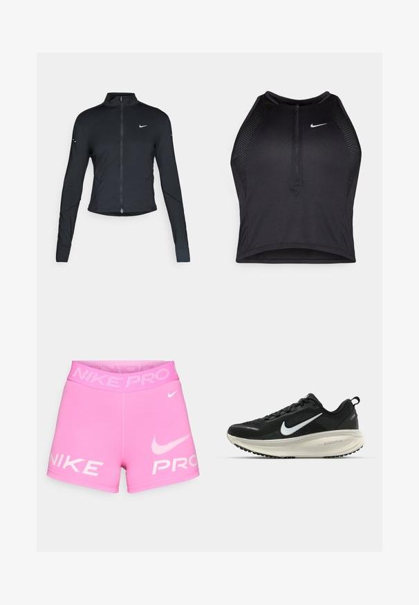 Sort langærmet træningsjakke med frontlynlås og hvid Nike swoosh-logo på venstre bryst, designet til en tætsiddende pasform.; Sort sports crop top med lynlås foran, mesh-detaljer og en tætsiddende pasform. Lavet af strækbart, åndbart stof. Nike-logo på forsiden.; Nike Pro pink sports shorts med høj elastisk talje, hvide logo-tekster og glat, strækbart materiale.; Sort Nike løbesko med åndbart mesh-overdel, hvidt swoosh-logo, tekstureret detaljering og en cremede ZoomX mellemsål.