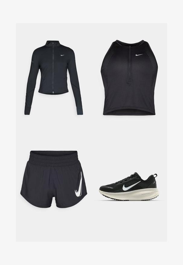 Must have pika, pikkade varrukatega sportlik jakk, ees lukuga ja valge Nike swooshi logo vasakul rinnal, mõeldud kitsaks sobivuseks.; Must negra spordiline crop top, millel on lukk ees, võrgukangast detailid ja vormiv disain. Valmistatud venivast ja hingavast kangast. Nike logo ees.; Mustad mustad spordilühikesed püksid elastse vöökohtaga, kumerate äärtega ja silmapaistva valge Nike logo vasakul küljel. Sile ja kerge kangas.; Musthave mustus Nike jooksujalats, millel on hingav võrgust ülemine osa, valge swoosh logo, tekstuuriga detailid ja kreemja värvusega ZoomX vahevöö.