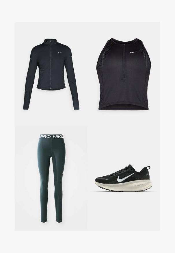 Svart langermet treningsjakke med glidelås foran og hvit Nike swoosh-logo på venstre bryst, designet for en slank passform.; Svart idretts crop top med glidelås foran, mesh-detaljer og en figurvennlig design. Laget av elastisk, pustende materiale. Nike-logo på forsiden.; Mørkegrønne tights laget av elastisk materiale, med en bred midjebånd som har "PRO NIKE"-logoen og en liten hvit Nike-swoosh på siden.; Svart Nike løpesko med pustende mesh-overdel, hvit swoosh-logo, teksturert detaljer og en kremfarget ZoomX mellomsåle.